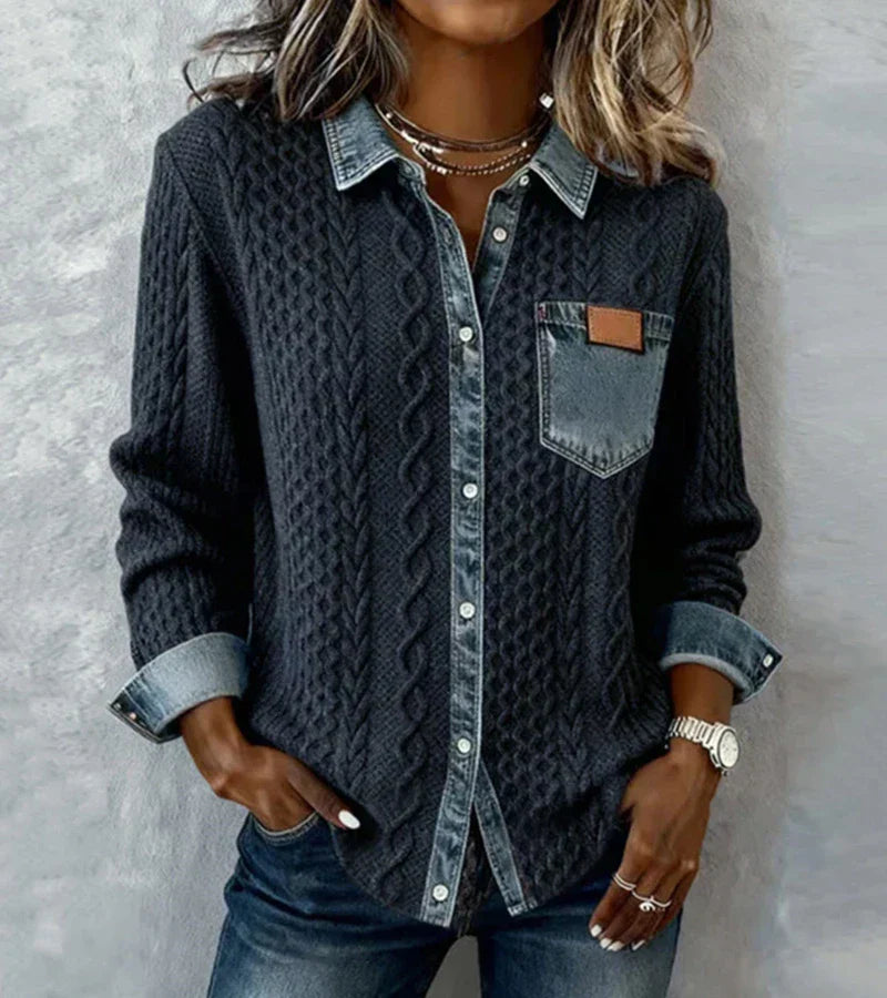 AMBRA - Denim-Accented Knitted Patchwork Top
