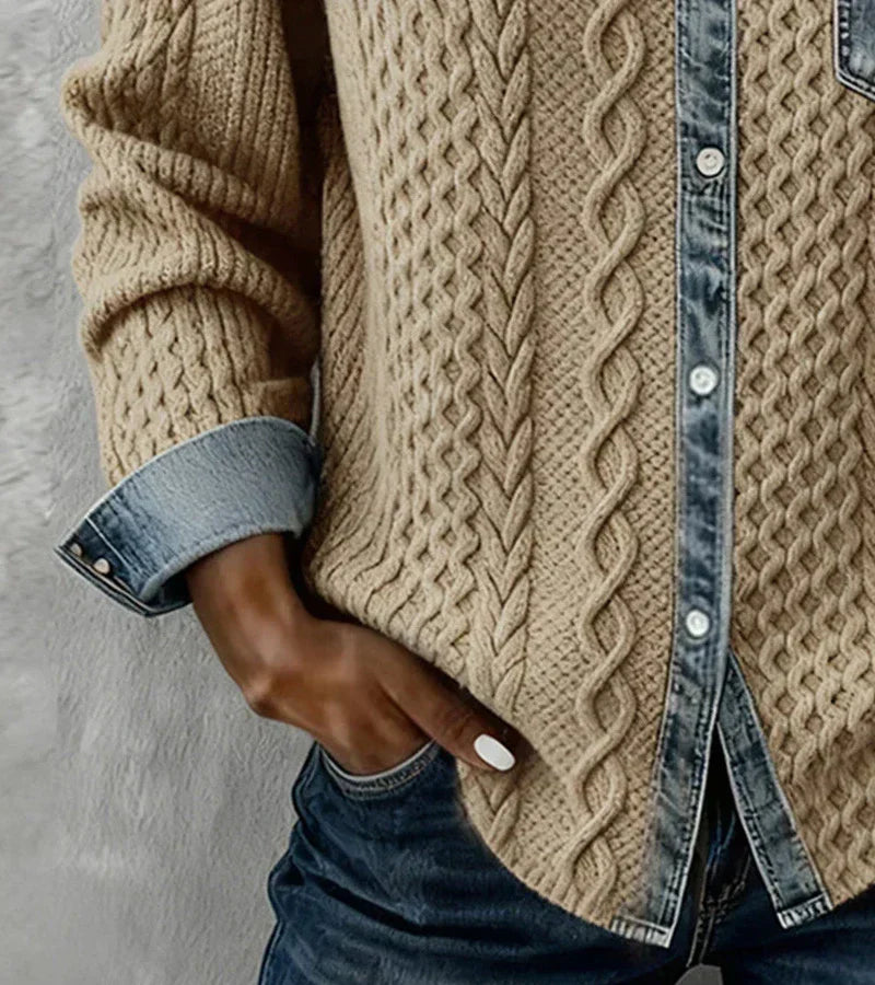 AMBRA - Denim-Accented Knitted Patchwork Top