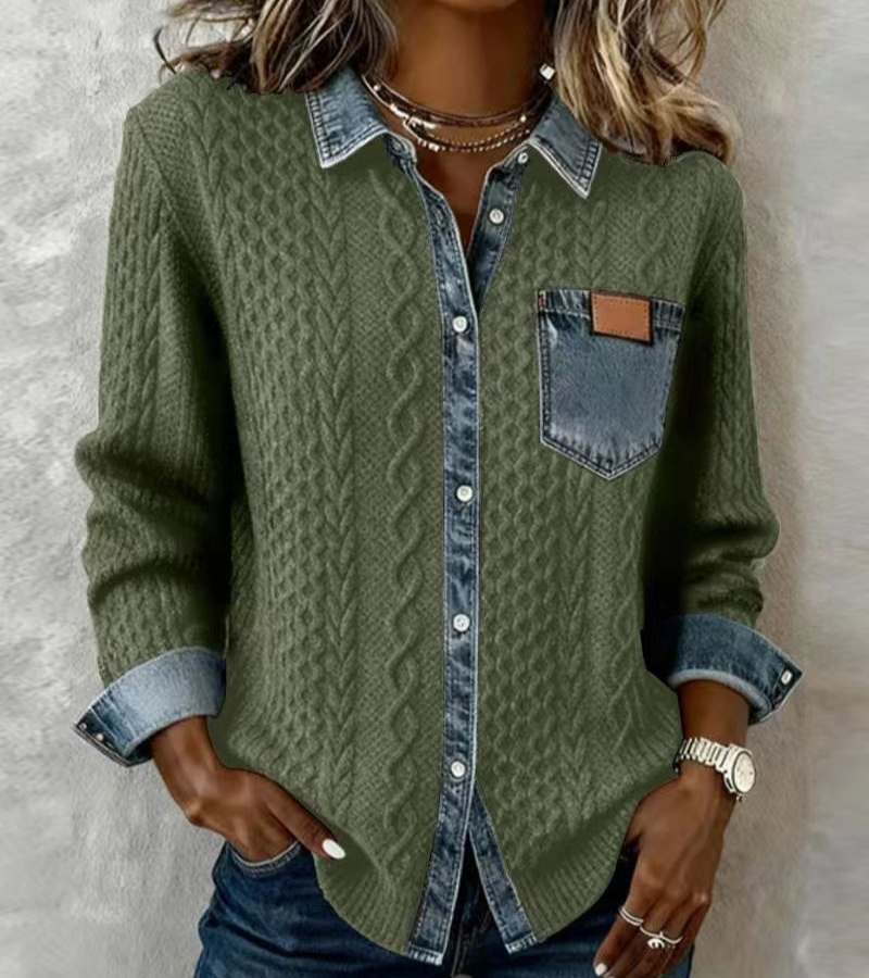 AMBRA - Denim-Accented Knitted Patchwork Top